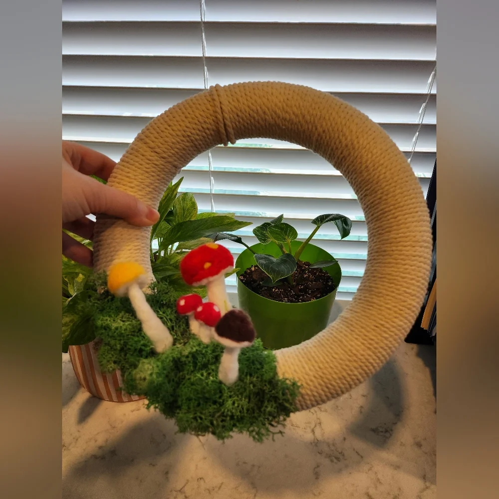 Off White Needlefelted Colorful Mushroom And Moss Hanging Wreath